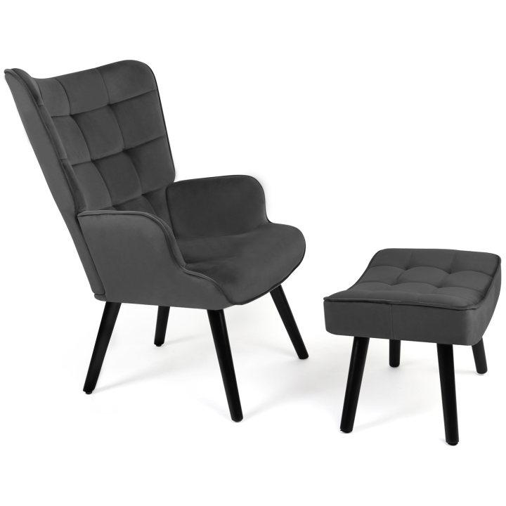 Fauteuil scandinave ANIA avec repose pieds velours gris anthracite