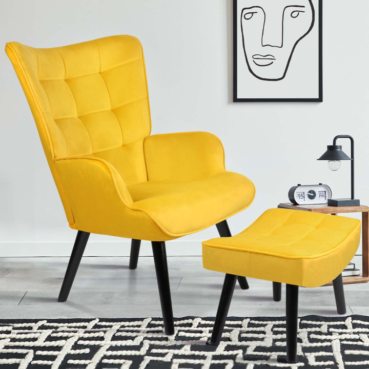 Sillón escandinavo de terciopelo amarillo con reposapiés - ANIA | ID Market