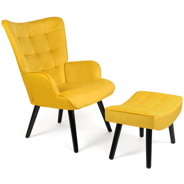 Sillón escandinavo de terciopelo amarillo con reposapiés - ANIA | ID Market