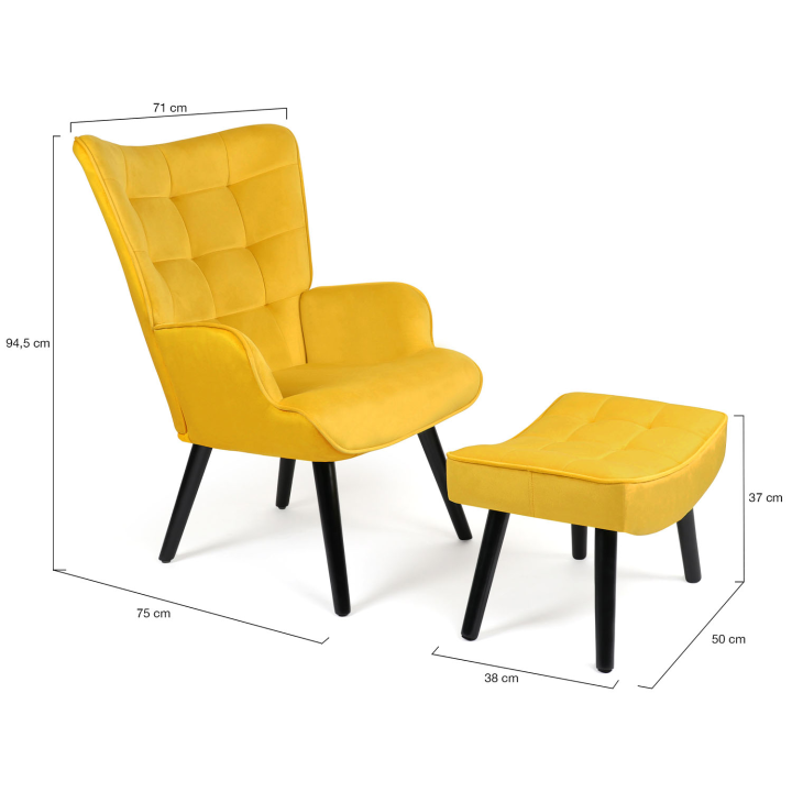 Fauteuil scandinave ANIA avec repose pieds velours jaune