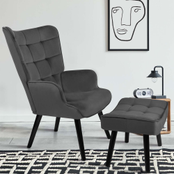 Fauteuil scandinave ANIA avec repose pieds velours gris anthracite