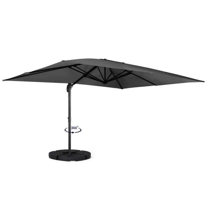 Parasol déporté inclinable rotatif 360 CALVI gris 3x4 M avec 4 dalles et housse