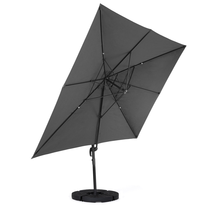 Parasol déporté inclinable rotatif 360 CALVI gris 3x4 M avec 4 dalles et housse