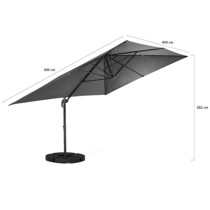 Parasol déporté inclinable rotatif 360 CALVI gris 3x4 M avec 4 dalles et housse