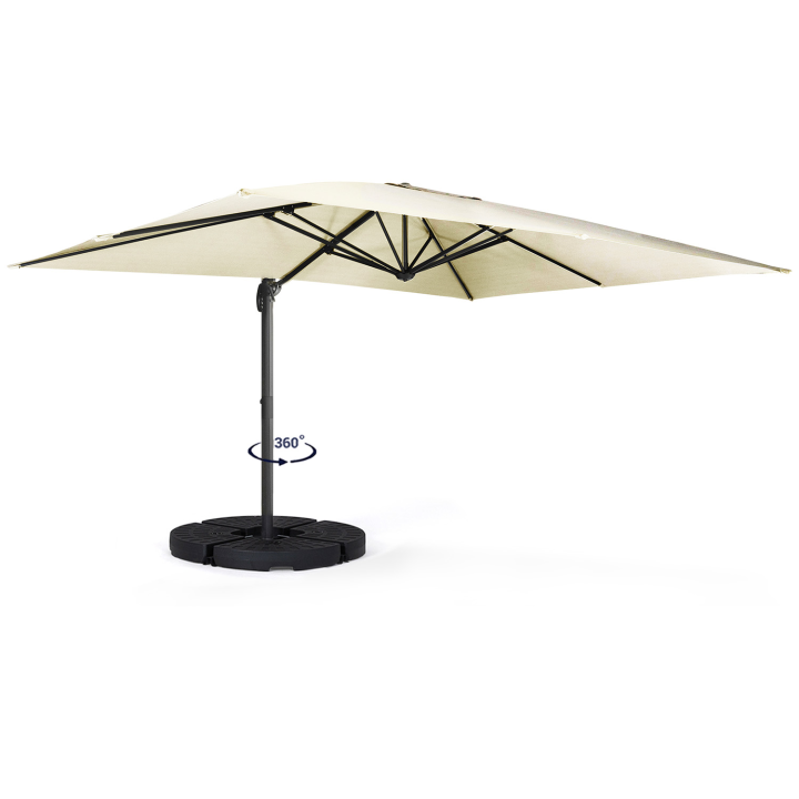 Parasol déporté inclinable rotatif 360 CALVI écru 3x4 M avec 4 dalles et housse