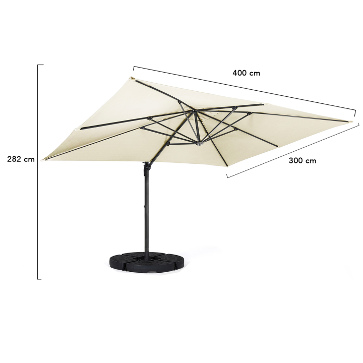 Parasol déporté inclinable rotatif 360 CALVI écru 3x4 M avec 4 dalles et housse