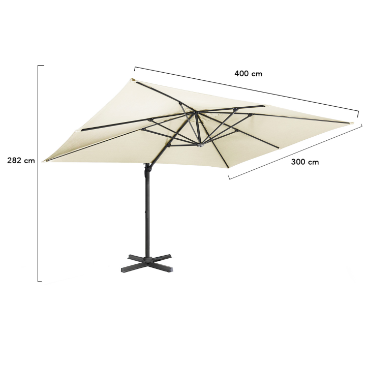 Parasol déporté inclinable rotatif 360 CALVI écru 3x4 M avec housse