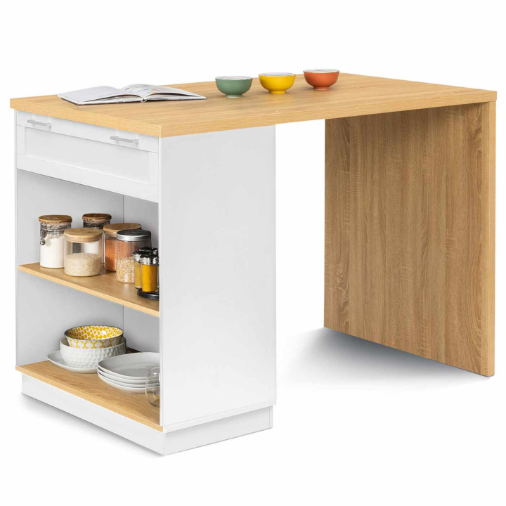 Ilot central mange debout 4 personnes VITO 130 cm blanc et plateau bois