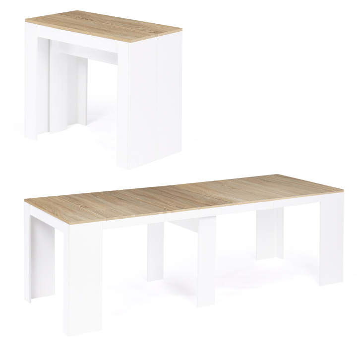 Table console extensible ORLANDO 10 personnes 235 cm bois blanc et façon hêtre