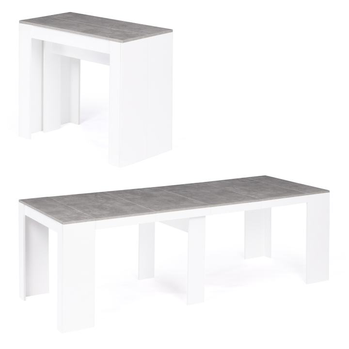 Table console extensible ORLANDO 10 personnes 235 cm bois blanc et effet  béton