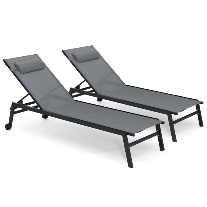 Lot de 2 transats de jardin inclinables en aluminium SINTRA gris anthracite et noir avec roulettes et coussin