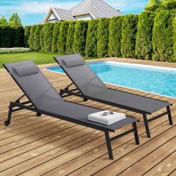 Lot de 2 transats de jardin inclinables en aluminium SINTRA gris anthracite et noir avec roulettes et coussin