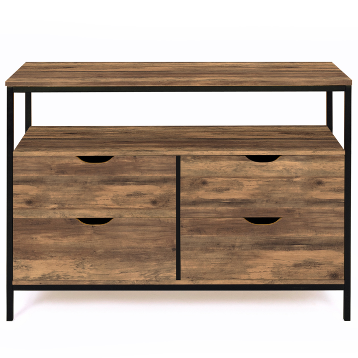 Commode 4 tiroirs HAWKINS 110 cm bois foncé design industriel avec étagère