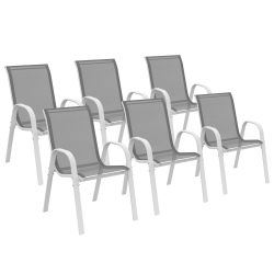 Lot de 6 chaises de jardin LYMA métal et textilène empilables blanc et gris