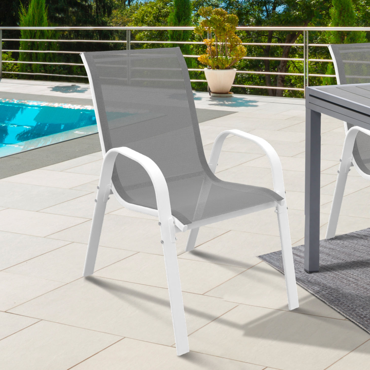 Lot de 4 chaises de jardin LYMA métal et textilène empilables blanc et gris