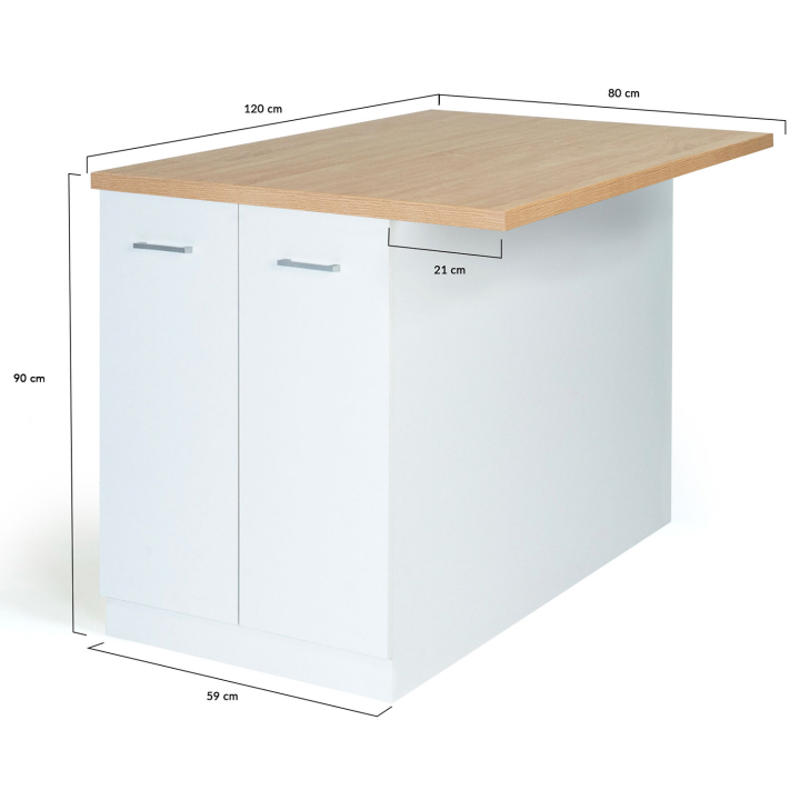 Isla central económica para cocina de 120 cm en blanco e imitación haya - IVO | ID Market