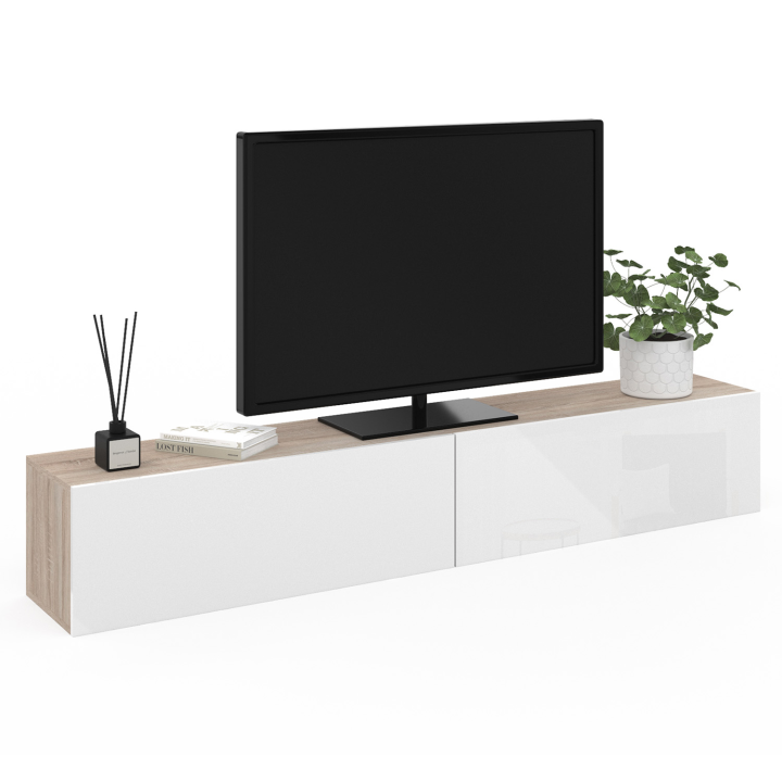 Meuble TV 180 cm suspendu ELIO 2 portes bois et blanc 