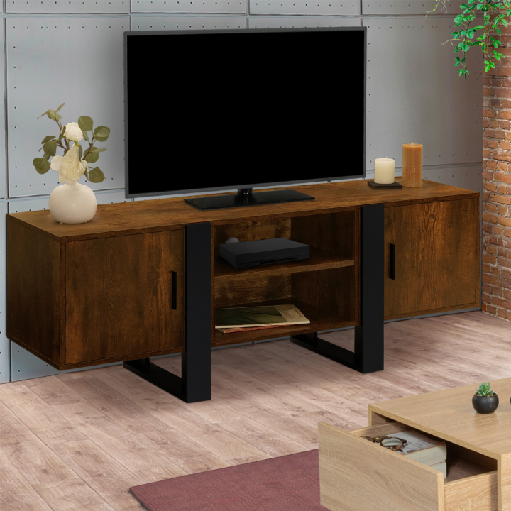 Mueble TV 2 puertas 140 cm en madera efecto envejecido y negro - PHOENIX | ID Market