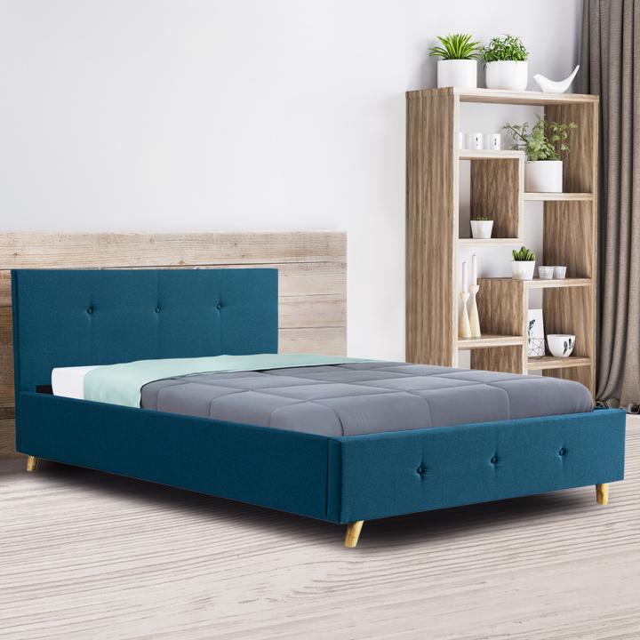 Lit coffre double scandinave LULEA 140 x 190 cm tissu bleu canard