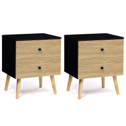 Lot de 2 tables de chevet EMMIE 2 tiroirs scandinaves noir et hêtre