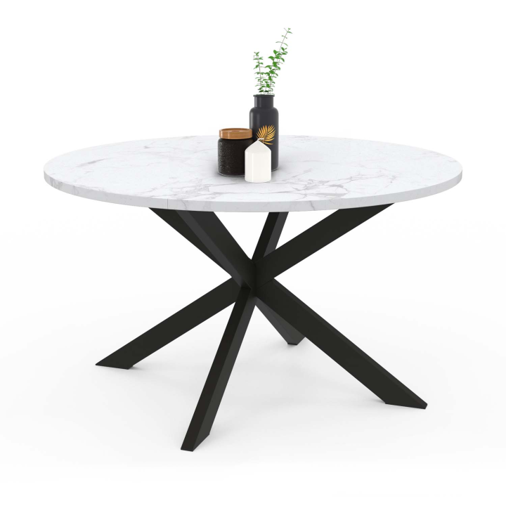 Table basse ALASKA ronde 70 cm plateau effet marbre blanc et  pied araignée métal noir