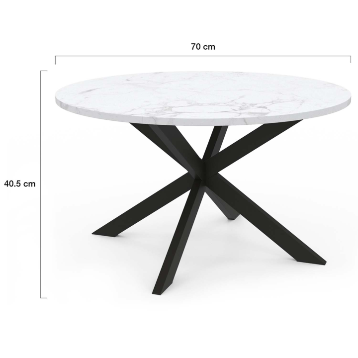 Table basse ALASKA ronde 70 cm plateau effet marbre blanc et  pied araignée métal noir