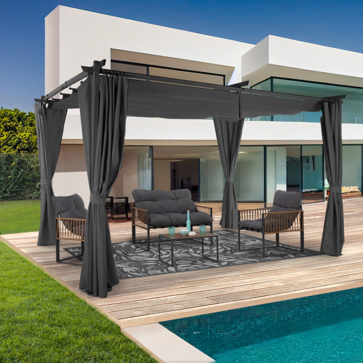 Pérgola techo retráctil 3x4m gris con 4 cortinas | ID Market