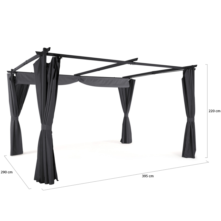 Pergola édition limitée toit rétractable 3x4M et rideaux 4 côtés gris anthracite