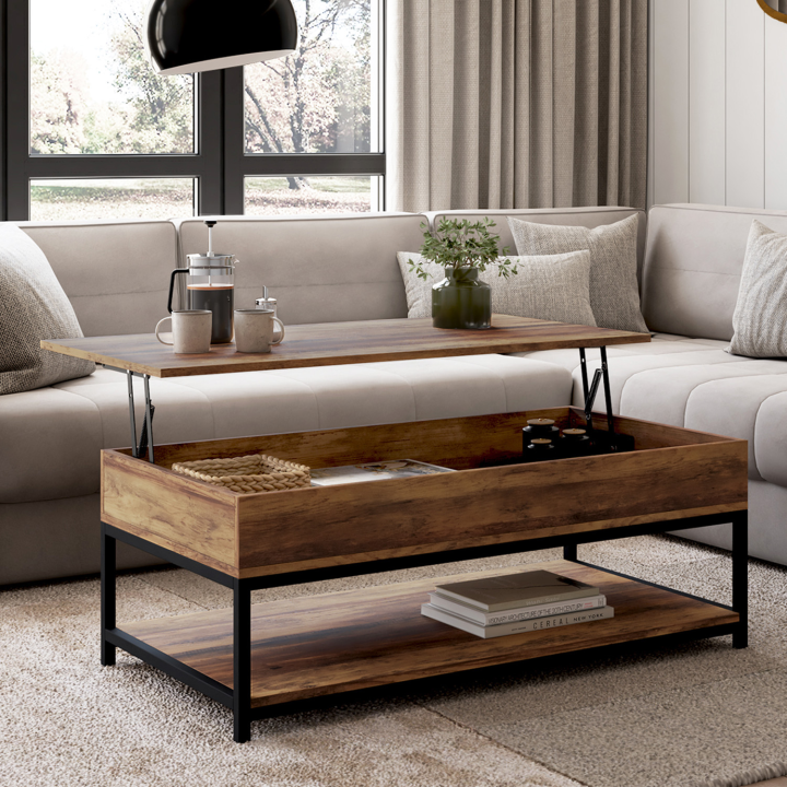 Table basse plateau relevable HAWKINS bois foncé design industriel