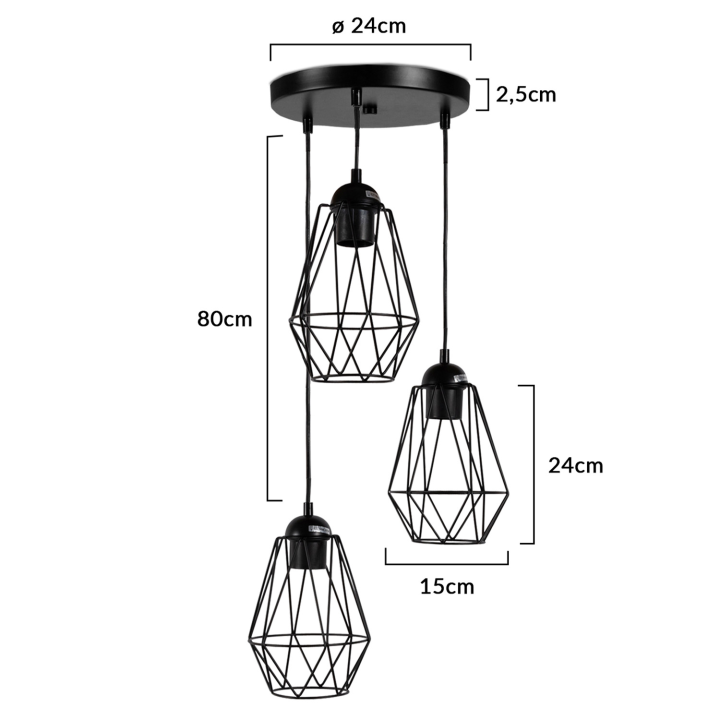 Lámpara colgante industrial de 3 luces, forma de diamante | ID Market