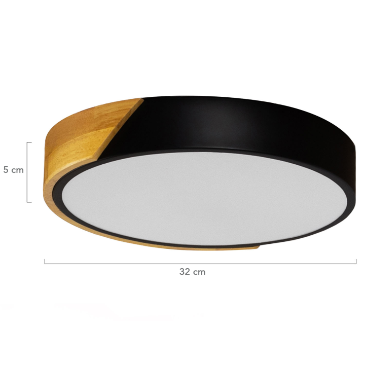 Plafonnier rond avec LED noir et effet bois diamètre 32 cm