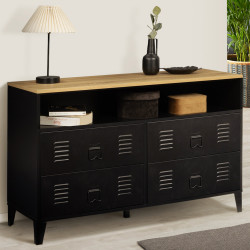 Commode ESTER 115 cm 4 tiroirs + 1 niche métal noir et plateau façon buffet d'appoint