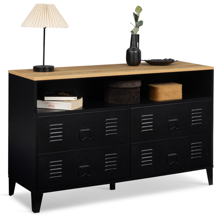 Commode ESTER 115 cm 4 tiroirs + 1 niche métal noir et plateau façon buffet d'appoint