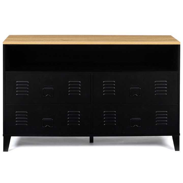 Commode ESTER 115 cm 4 tiroirs + 1 niche métal noir et plateau façon buffet d'appoint