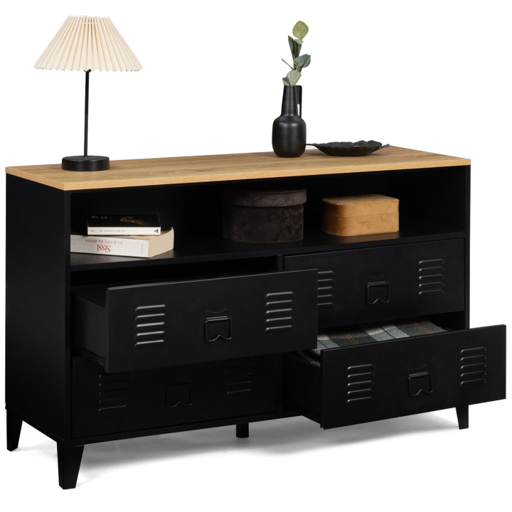 Commode ESTER 115 cm 4 tiroirs + 1 niche métal noir et plateau façon buffet d'appoint