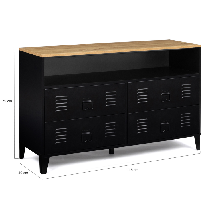 Commode ESTER 115 cm 4 tiroirs + 1 niche métal noir et plateau façon buffet d'appoint