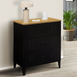 Commode 3 tiroirs ESTER 60 cm métal noir et plateau façon hêtre design industriel