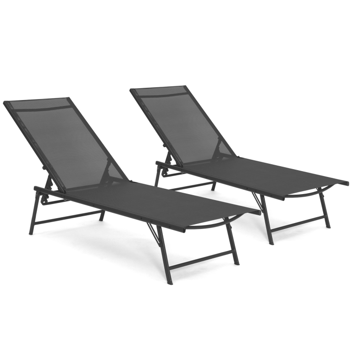 Lot de 2 transats de jardin inclinables KAILUA en acier gris anthracite et toile grise