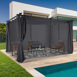 Pérgola techo retráctil 3x4m gris con 4 cortinas | ID Market