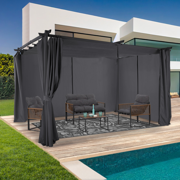 Pergola édition limitée toit rétractable 3x4M et rideaux 4 côtés gris anthracite