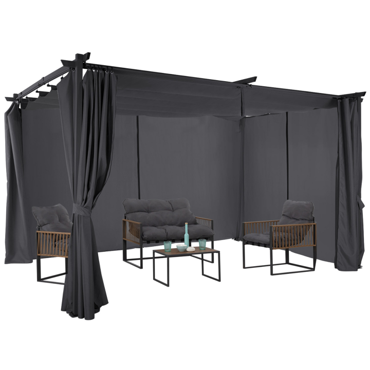 Pergola édition limitée toit rétractable 3x4M et rideaux 4 côtés gris anthracite