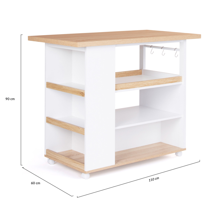 Isla central con ruedas en madera blanca y imitación haya con almacenaje - FLO | ID Market