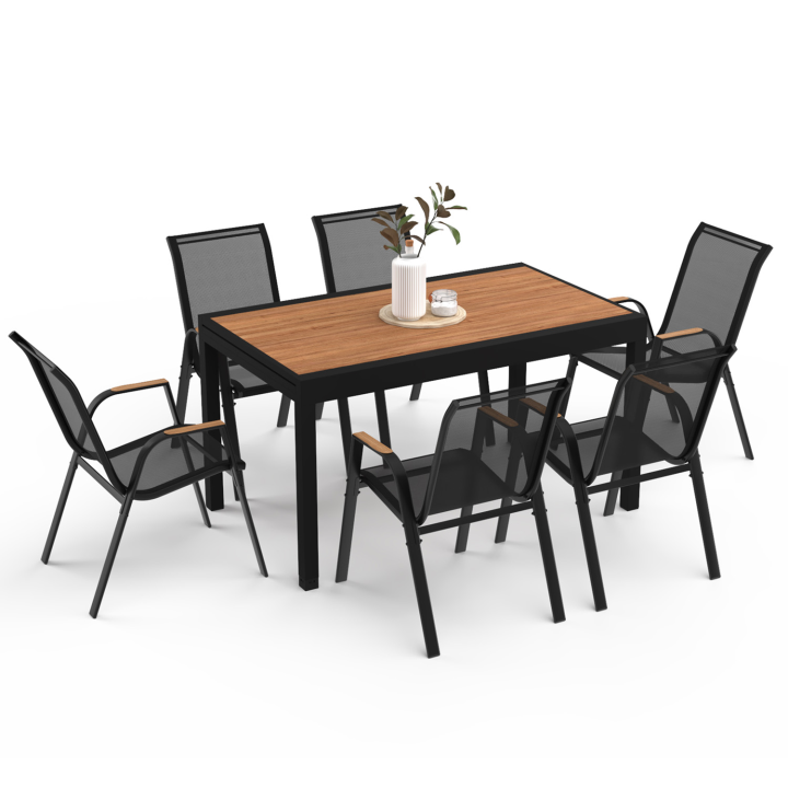 Salon de jardin MOOREA extensible table 135/270 cm plateau effet bois et 12 chaises empilables noir et bois