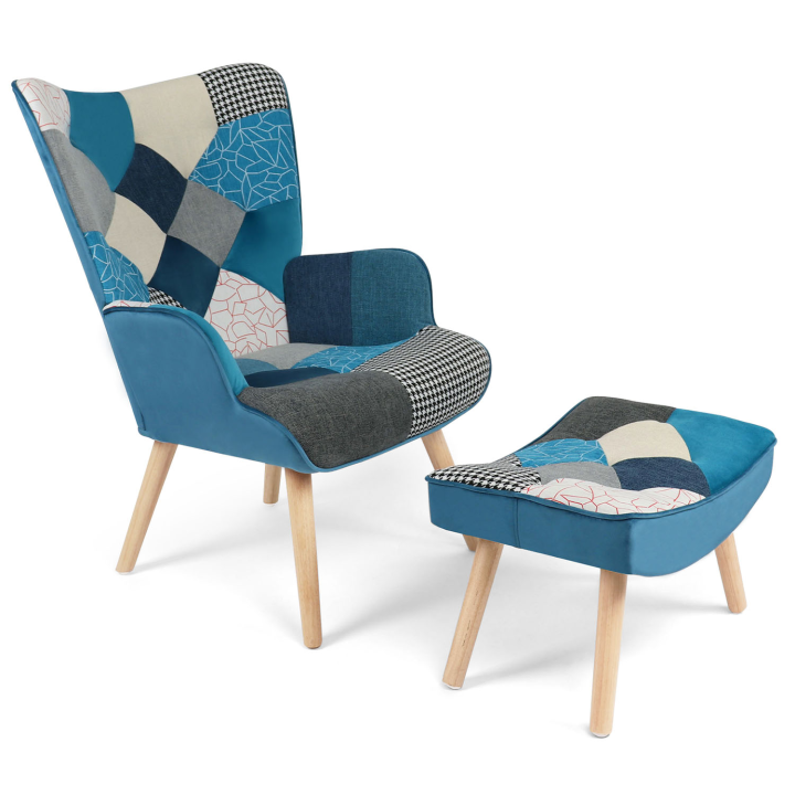 Fauteuil scandinave IVAR avec repose pieds en tissu patchwork et velours bleu