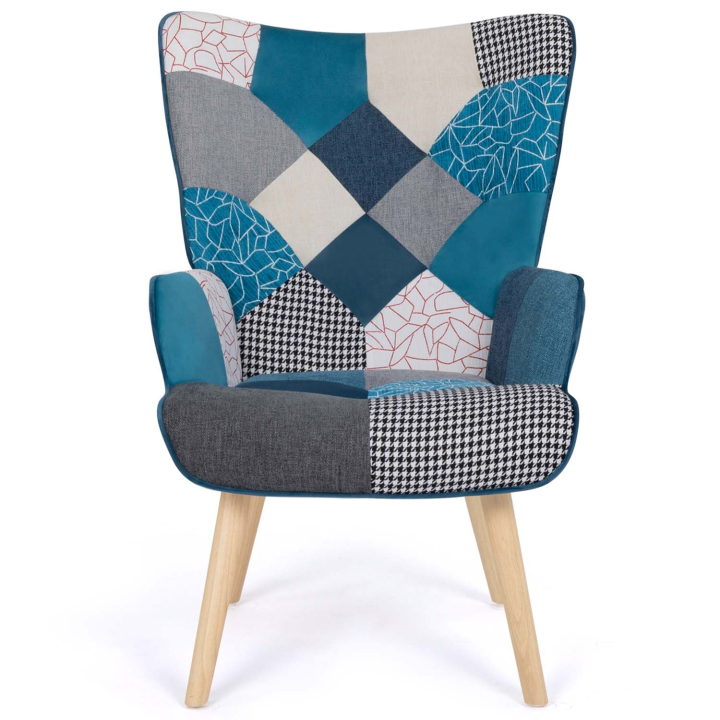 Fauteuil scandinave IVAR avec repose pieds en tissu patchwork et velours bleu