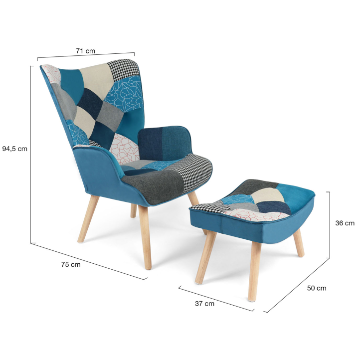 Fauteuil scandinave IVAR avec repose pieds en tissu patchwork et velours bleu