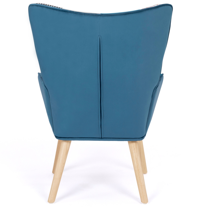 Fauteuil scandinave IVAR avec repose pieds en tissu patchwork et velours bleu