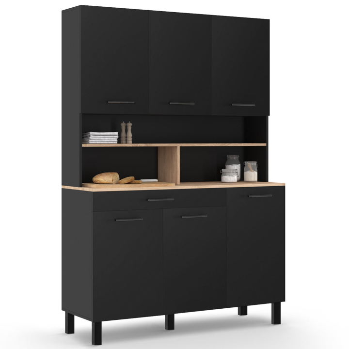 Aparador de cocina negro con 6 puertas, cajón y estantes efecto haya 120cm - CINA | ID Market