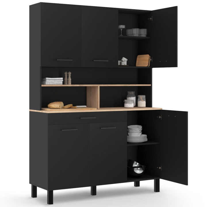 Buffet de cuisine 120 CM CINA 6 portes + tiroir full noir et façon hêtre