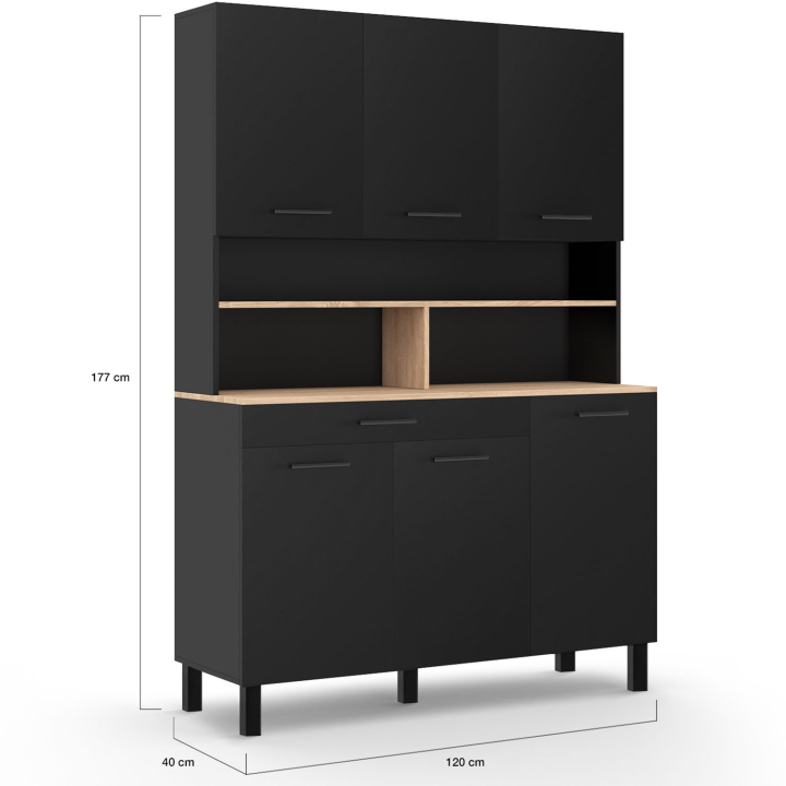 Aparador de cocina negro con 6 puertas, cajón y estantes efecto haya 120cm - CINA | ID Market